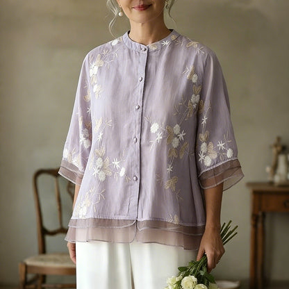 Cardydony Women's Floral Embroidered Art Linen Blend Blouse