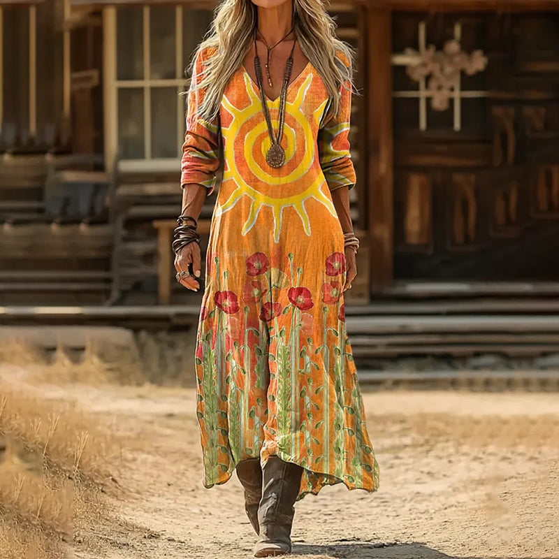 Cardydony Women's Hippie Sun And Floral Print Long Sleeve Maxi Dress