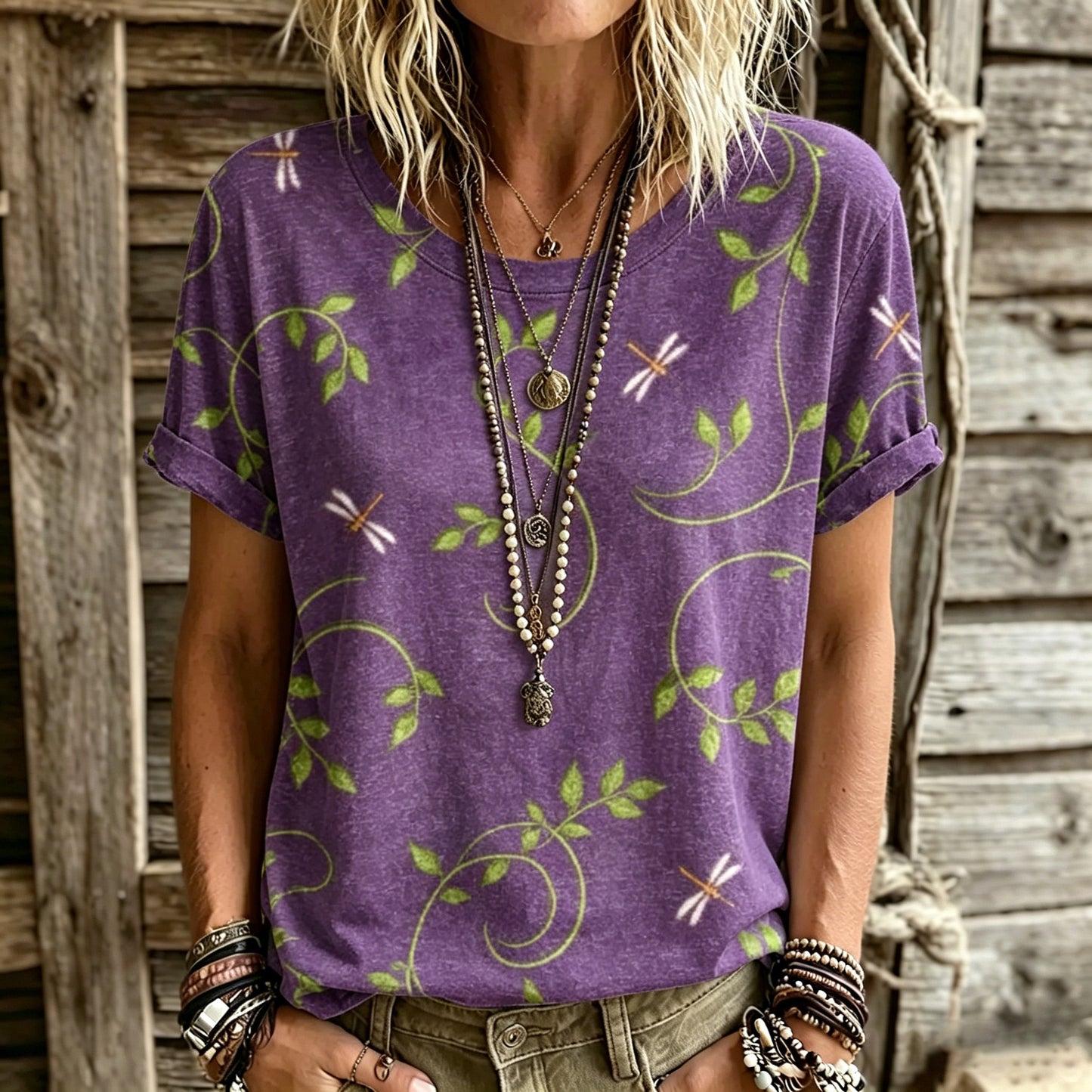 Cardydony Women's Retro Leaf And Dragonfly Pattern Crew Neck T-shirt