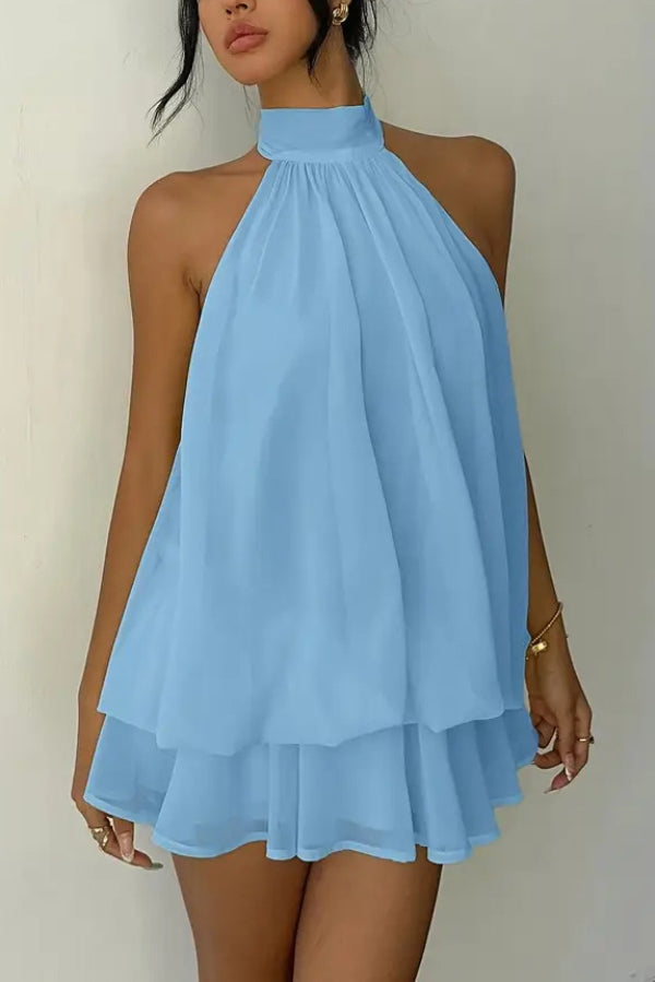 Cardydony Women's  Fashionable Chiffon Halter Neck Backless Lace-up Casual Vacation Mini Dress
