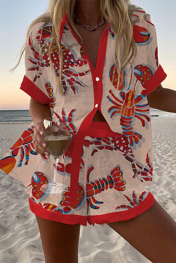 Cardydony Women's Lobster and Crab Print Loose Button Elastic Waist Shorts Set