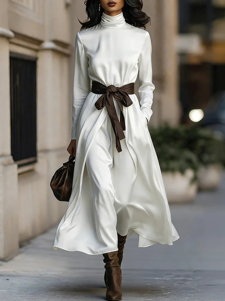 Cardydony Classy Color Blocked Belted Turtleneck Flowy Maxi Dress