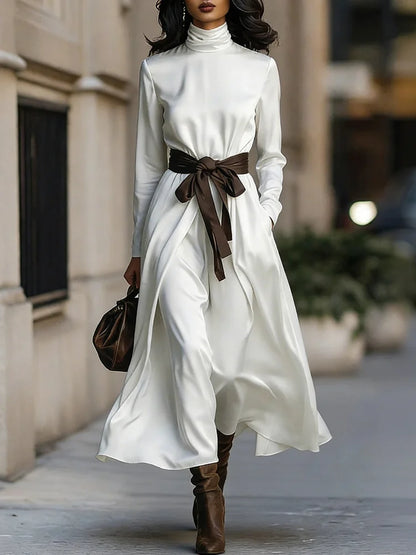 Cardydony Classy Color Blocked Belted Turtleneck Flowy Maxi Dress