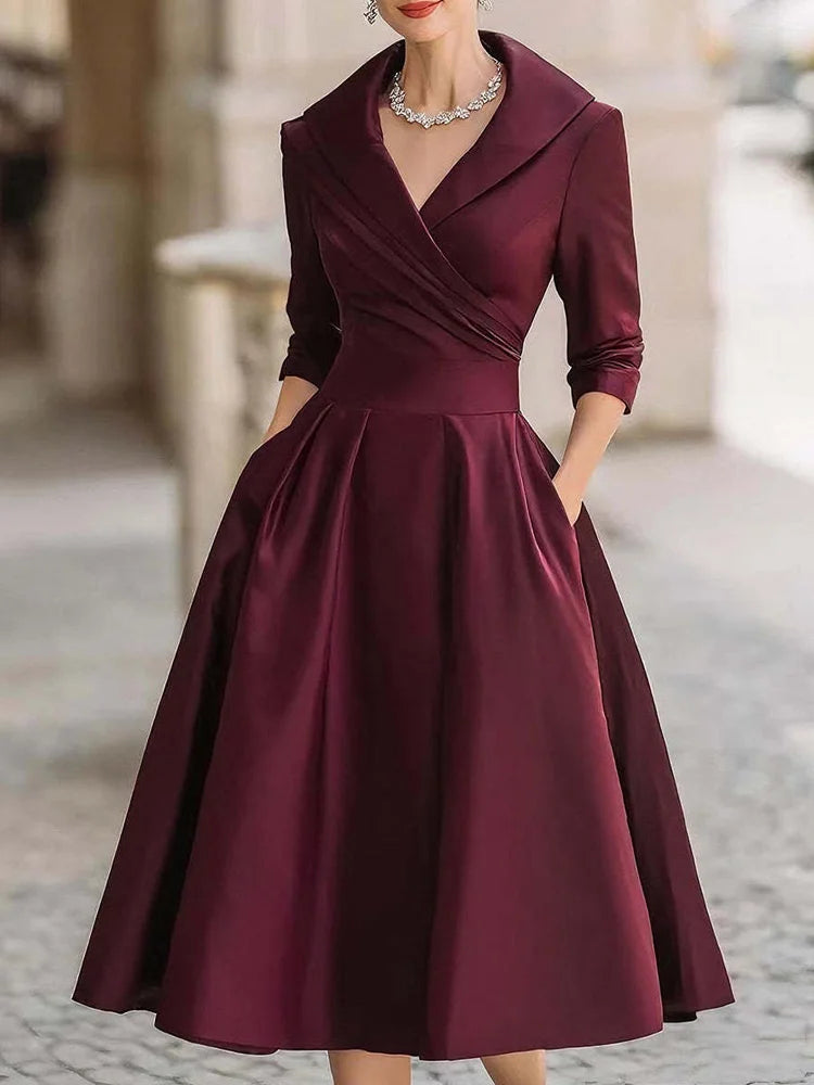 Cardydony Vintage-inspired Satin Midi Dress With Draped Collar