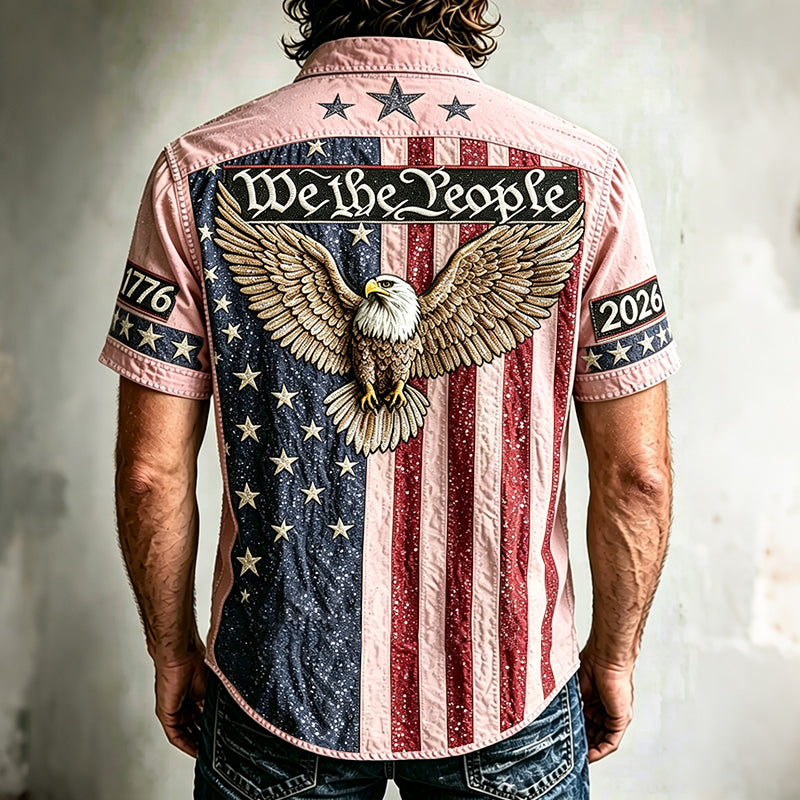 Cardydony Men's Vintage Independence Day And Eagle Print Short-sleeve Shirt