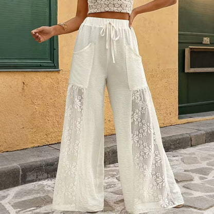 Cardydony Women's Solid Color Design Lace Stitching Wide Leg Pants
