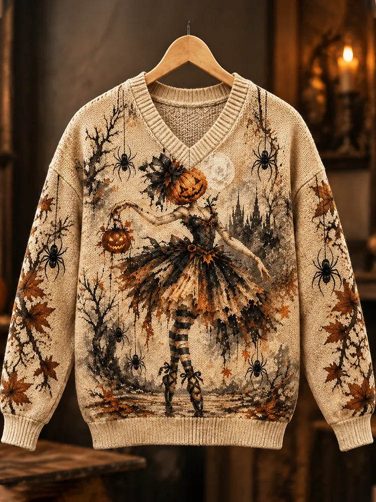 Cardydony Women's Halloween Pumpkin Witch & Spiders Pattern V-neck Knit Sweater