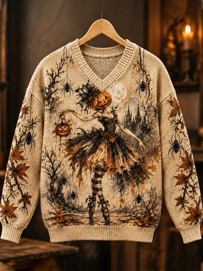 Cardydony Women's Halloween Pumpkin Witch & Spiders Pattern V-neck Knit Sweater