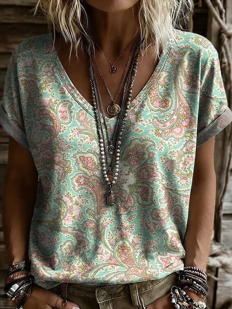 Cardydony Women's Retro Floral Print V-neck Short Sleeve Casual T-shirt