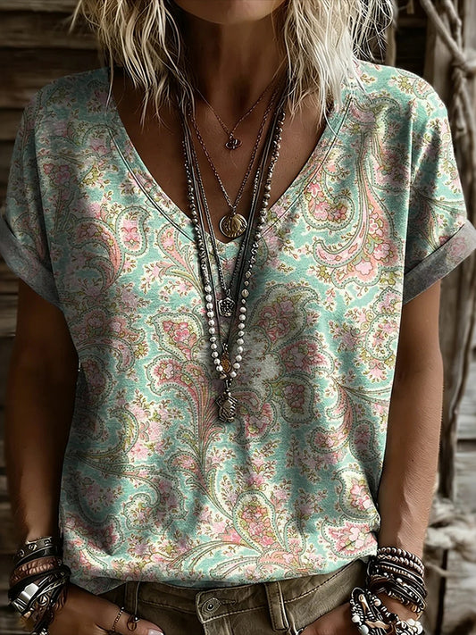 Cardydony Women's Retro Floral Print V-neck Short Sleeve Casual T-shirt