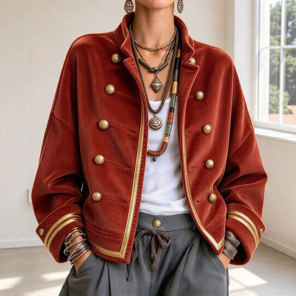 Cardydony Women's Fall Winter Cozy Napoleonic Stand-up Collar Gold Trim Double-breasted Button Corduroy Jacket