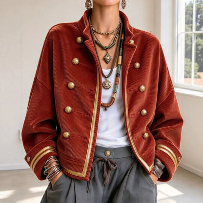 Cardydony Women's Fall Winter Cozy Napoleonic Stand-up Collar Gold Trim Double-breasted Button Corduroy Jacket