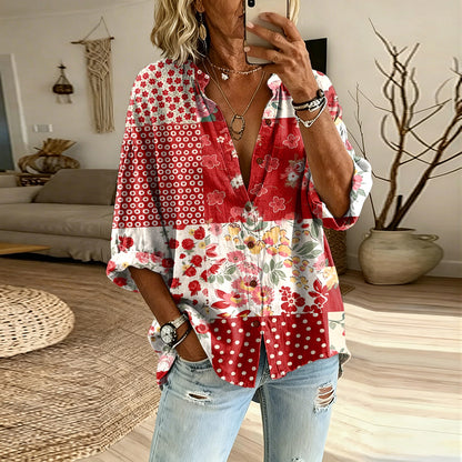 Cardydony Women's Vintage Floral Patchwork Long-sleeve Button-up Shirt
