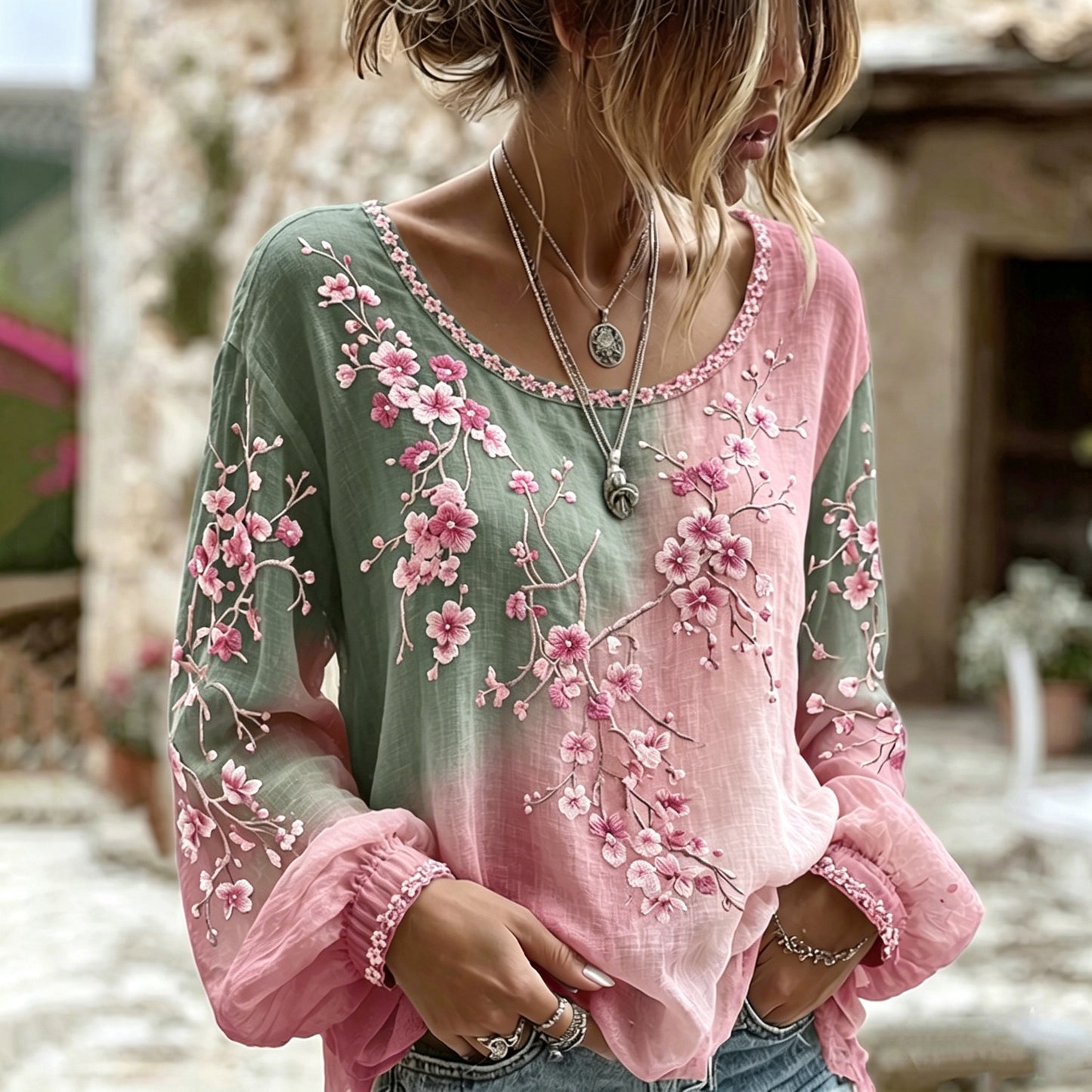 Cardydony Women's Retro Sakura Gradient Art Round Neck Long Sleeve T-shirt