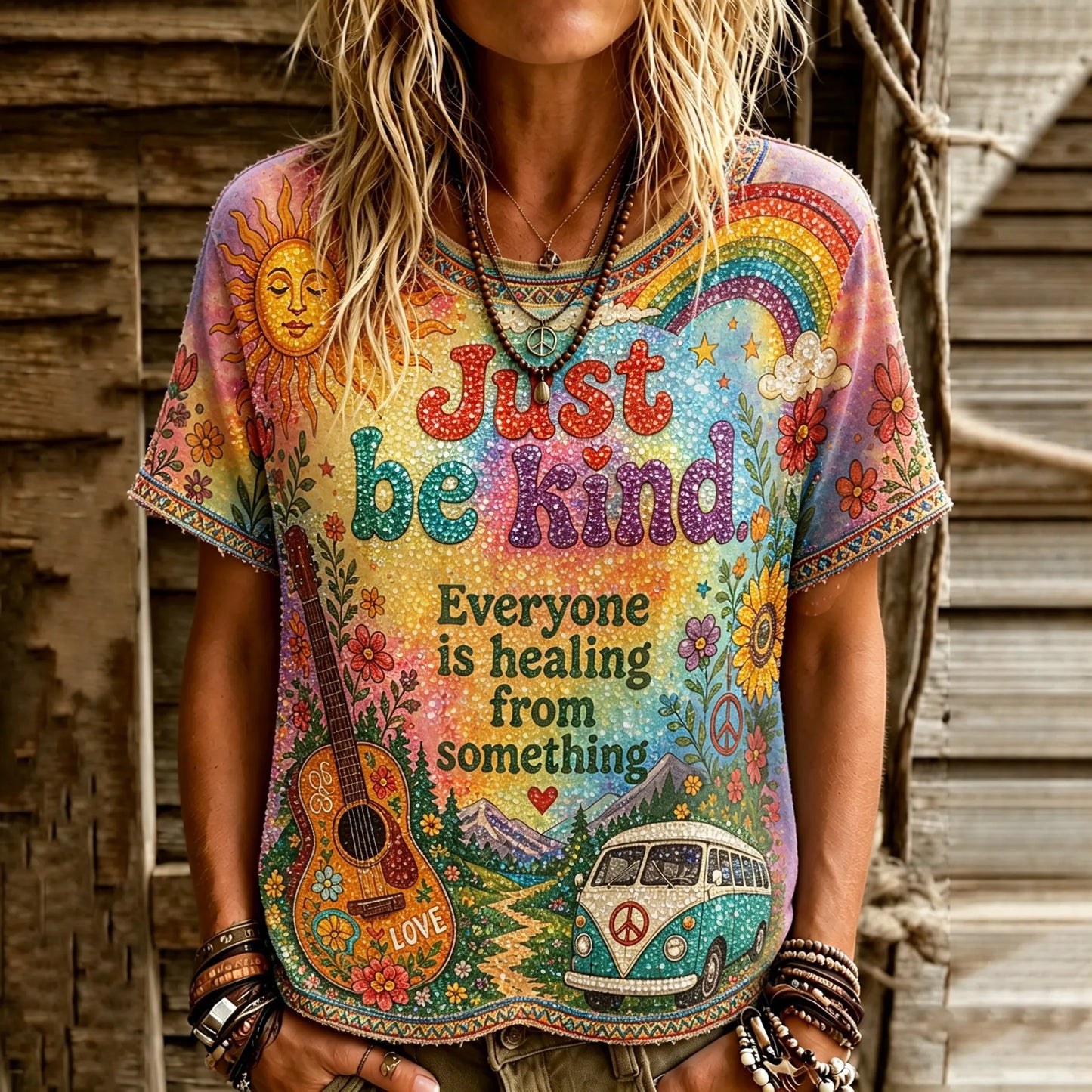Cardydony Women's Retro Hippie Just Be Kind Landscape Art Crew Neck T-shirt
