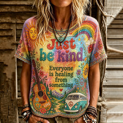 Cardydony Women's Retro Hippie Just Be Kind Landscape Art Crew Neck T-shirt