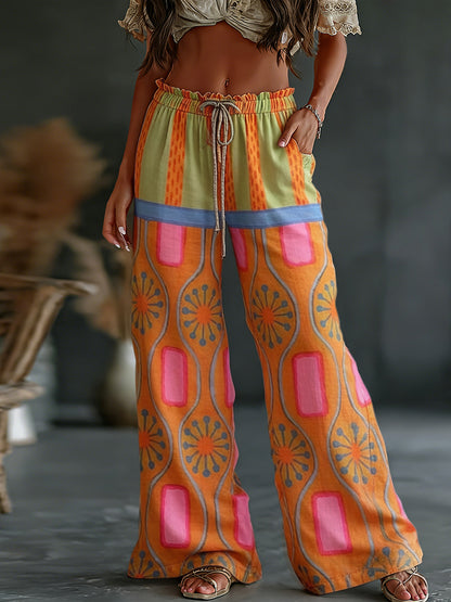 Cardydony Women's Retro Colorful Patchwork Art Print Flowy Linen Blend Casual Pants