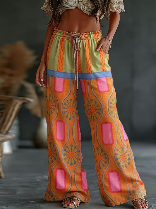 Cardydony Women's Retro Colorful Patchwork Art Print Flowy Linen Blend Casual Pants