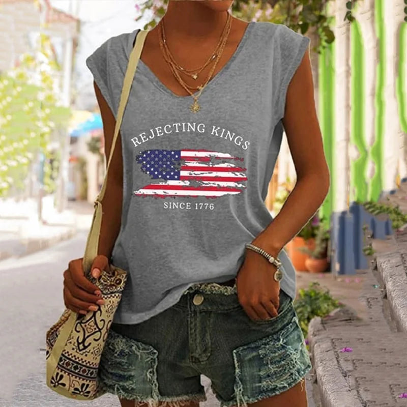 Cardydony Women's Rejecting Kings Since 1776 Print V Neck Tank Top