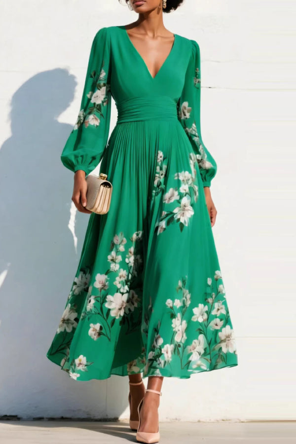 Cardydony Women's  Floral Print V-neck Long-sleeved Fitted Waist Casual Maxi Dress