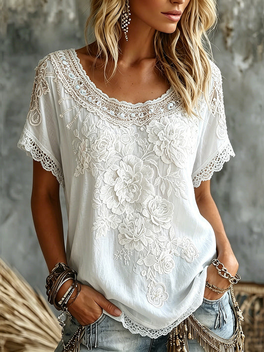 Cardydony Women's Boho Rose Embroidery Art Crew Neck Short Sleeve Linen Blend T-shirt