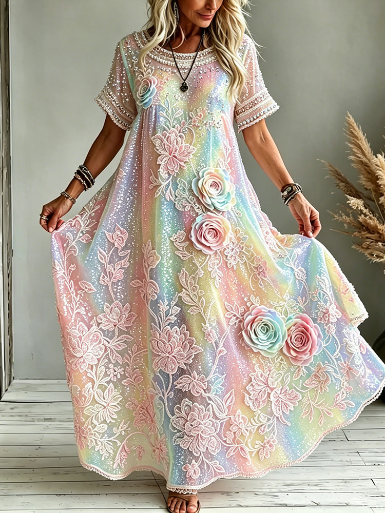 Cardydony Women's Floral In Macarons Colorful Art Embroidered Linen Blend Round Neck Maxi Dress