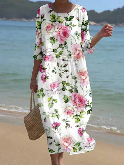 Cardydony Women's Vintage Floral Art Linen Blend Loose Linen Dress