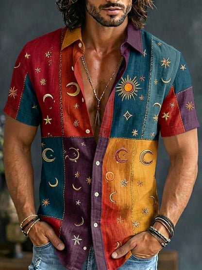 Cardydony Men's Plaid Stars Moon Colorblock Print Short Sleeve Shirt