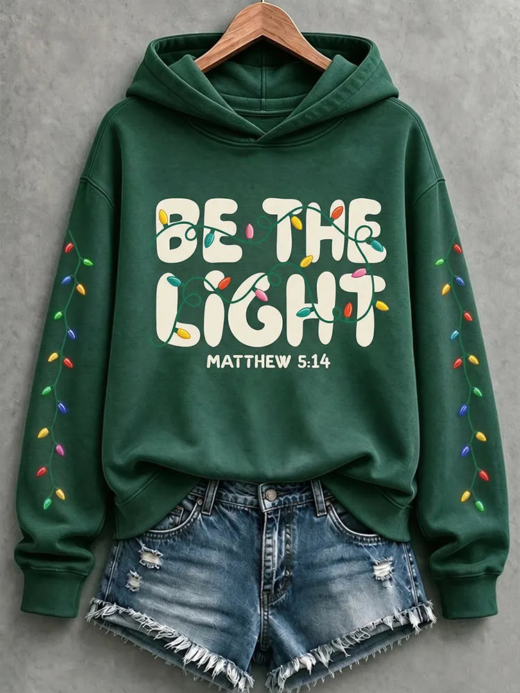 Cardydony Women's Faith Inspired Be The Light Christmas Lights Relaxed Fit Green Pullover Hoodie