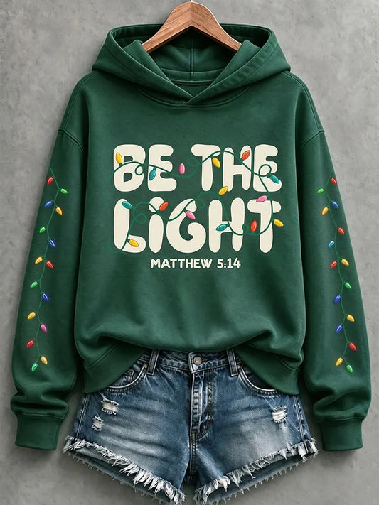 Cardydony Women's Faith Inspired Be The Light Christmas Lights Relaxed Fit Green Pullover Hoodie
