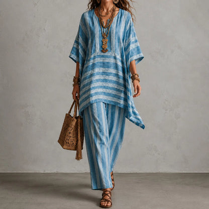 Cardydony Elegance V-neck Loose Striped Top + Loose Wide-leg Pants Two-piece Set