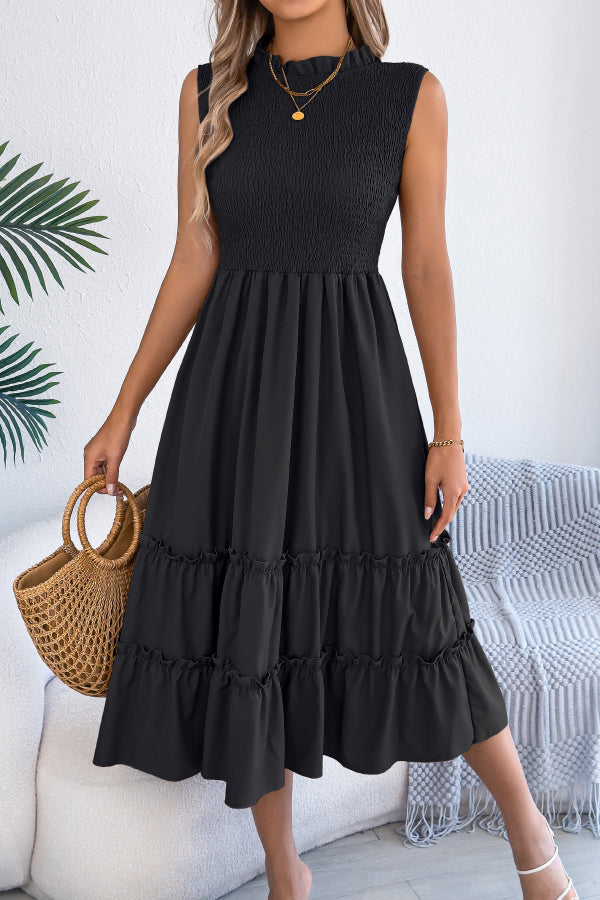 Cardydony Women's Solid Color Sleeveless Tucked Patchwork Casual Midi Dress
