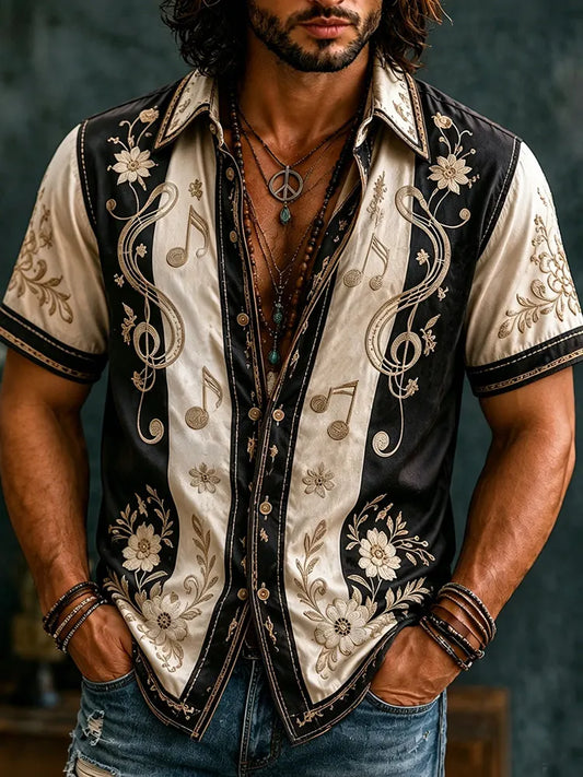 Cardydony Men's Retro Floral With Note Embroidery Art Short Sleeve Shirt