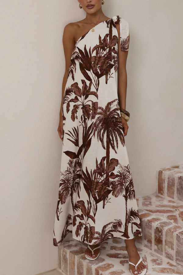 Cardydony Women's Botanical Print Sleeveless One-shoulder Casual Vacation Maxi Dress