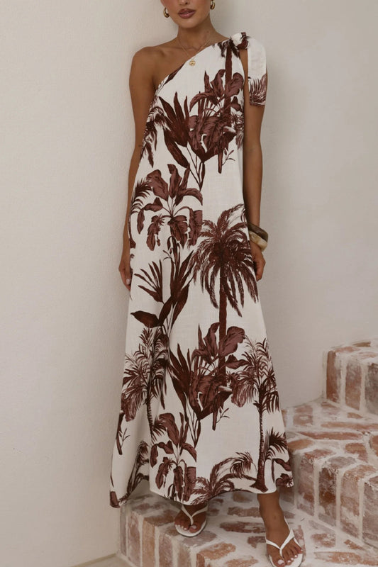 Cardydony Women's Botanical Print Sleeveless One-shoulder Casual Vacation Maxi Dress