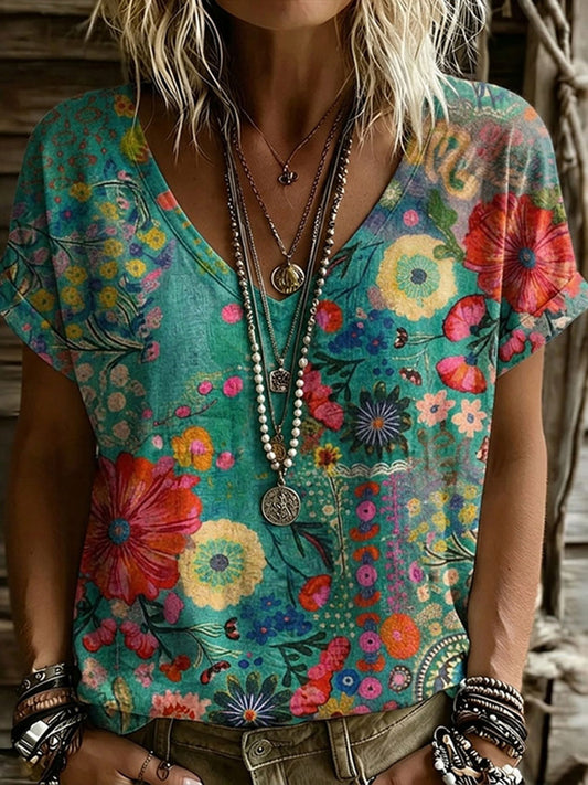 Cardydony Women's Retro Floral Art Print Casual T-shirt
