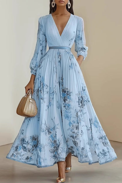Cardydony Women's Unique Printed V-Neck Long Sleeve Bow Tie Waist Holiday Maxi Dress