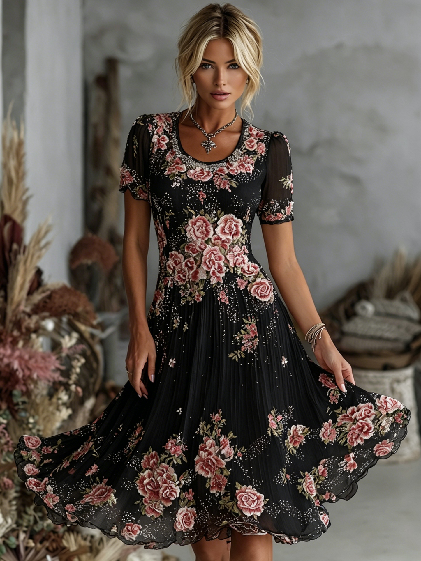 Cardydony Women's Vintage Floral Art Pattern Crew Neck Short Sleeve Linen Maxi Dress