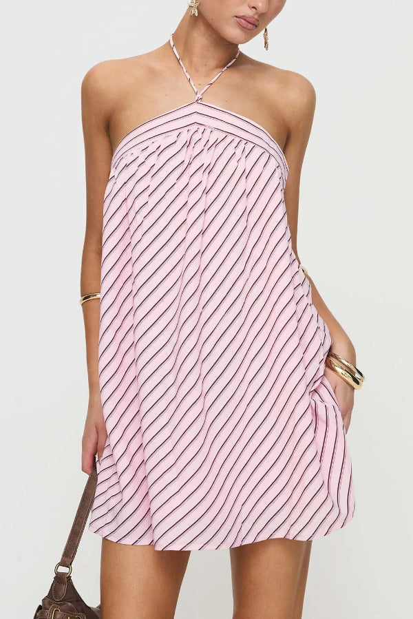 Cardydony Women's Striped Print Sleeveless Halter Neck Loose Vacation Mini Dress