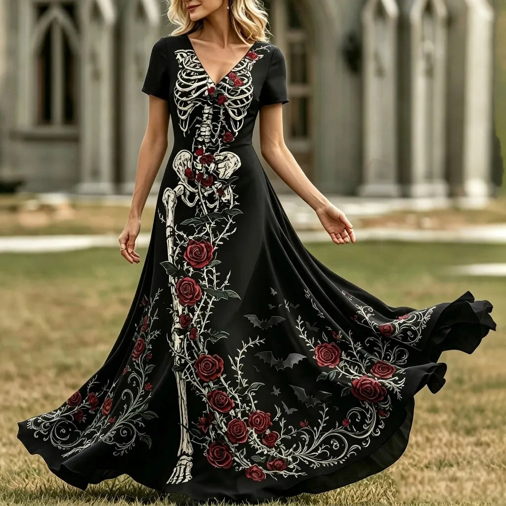 Cardydony Women's Retro Halloween Human Skeleton Floral Print V-neck Dress
