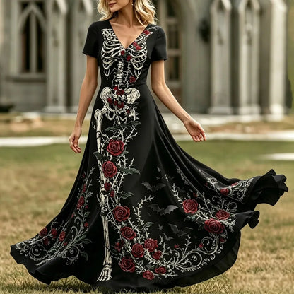 Cardydony Women's Retro Halloween Human Skeleton Floral Print V-neck Dress