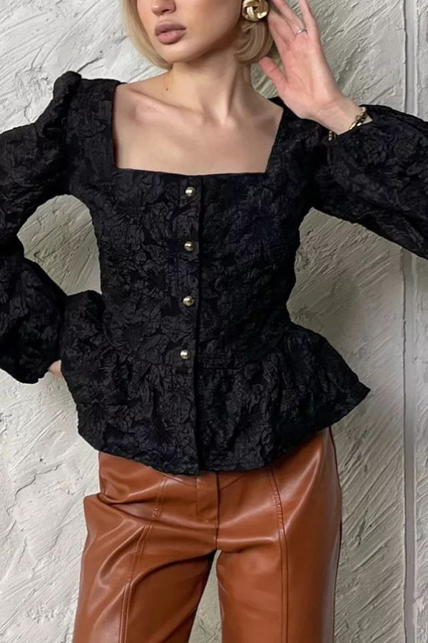 Cardydony Women's  Solid Color Jacquard Square Neck Puff Sleeve Elegant Button Top