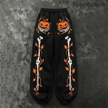 Cardydony Women's Vintage Halloween Pumpkin And Skeleton Hand Print Sweatpants