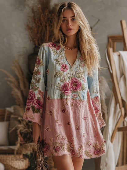 Cardydony Women's V Neck Boho Classy Gradient Pink Roses Embroidered Art Casual Dress