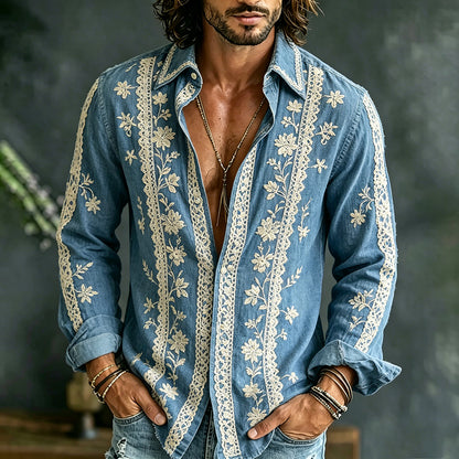 Cardydony Men's White Floral And Lace Art Cotton Linen Casual Long Sleeve Shirt
