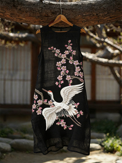 Cardydony Japanese Crane & Cherry Blossom Flowy Linen Dress