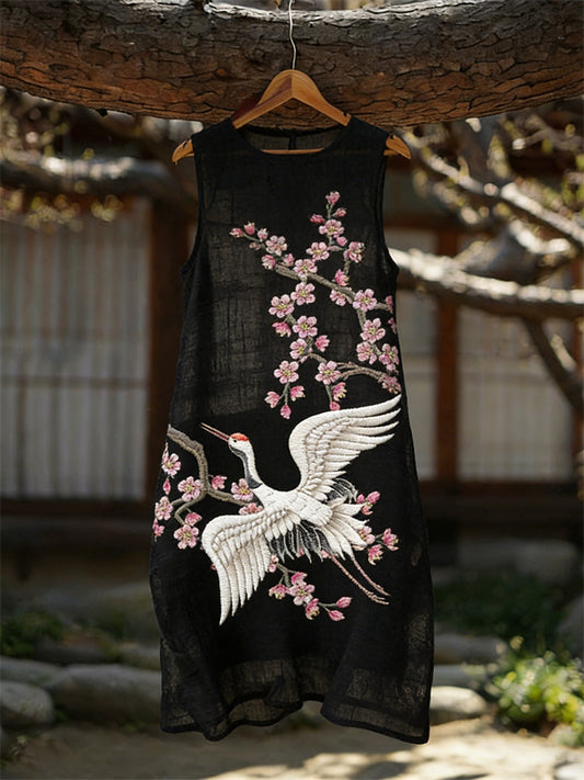 Cardydony Japanese Crane & Cherry Blossom Flowy Linen Dress