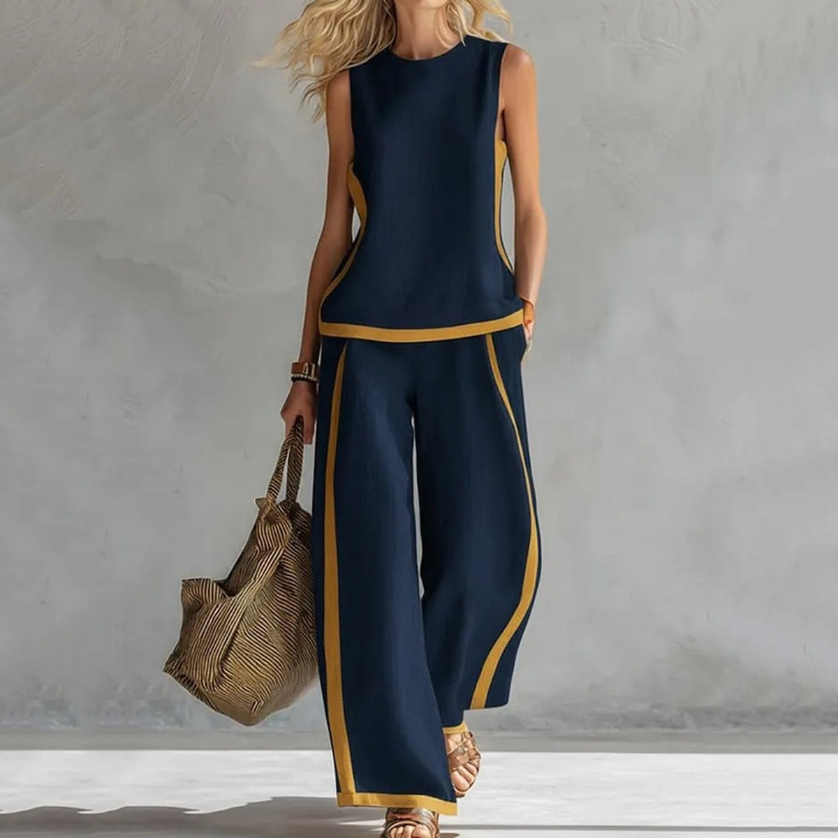 Cardydony Women's Solid Color Color Blocked Vest Long Pants Two Piece Set