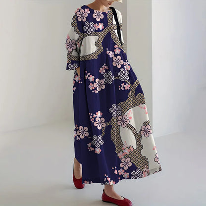 Cardydony Women's Vintage Japanese Cherry Blossom Print Loose Midi Dress