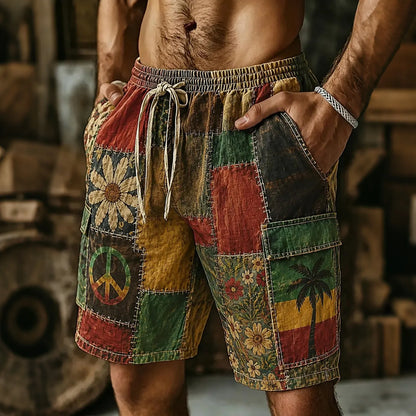 Cardydony Men's Retro Floral Hippie Patchwork Vacation Cotton Linen Shorts